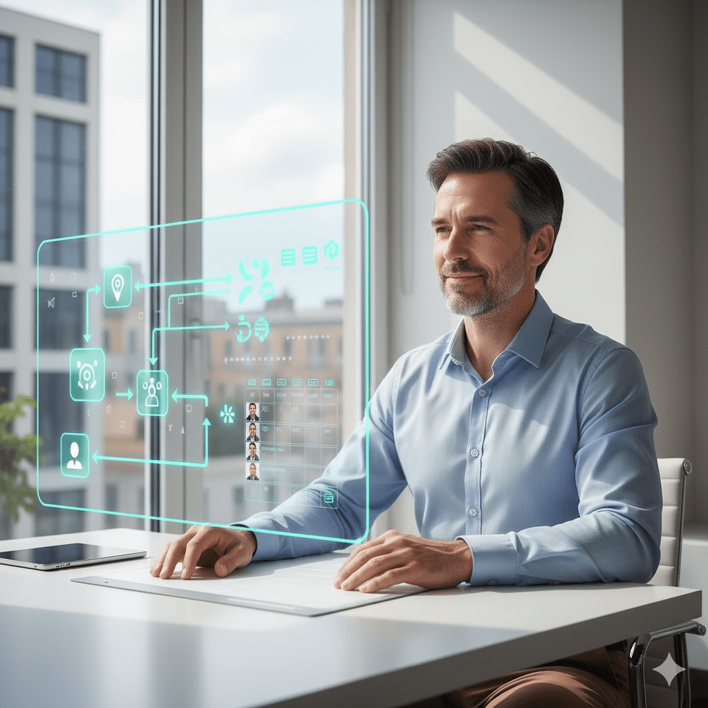 Coach consultor con expresión satisfecha y relajada, observando un diagrama de flujo digital de un sistema de prospección automatizada en una interfaz futurista.