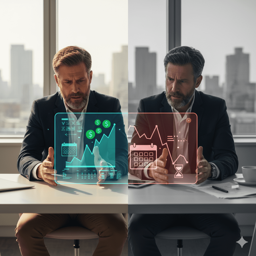 Coach consultor experimentando el ciclo de atracón y hambruna, con un lado de su pantalla mostrando éxito y el otro lado mostrando escasez y preocupación