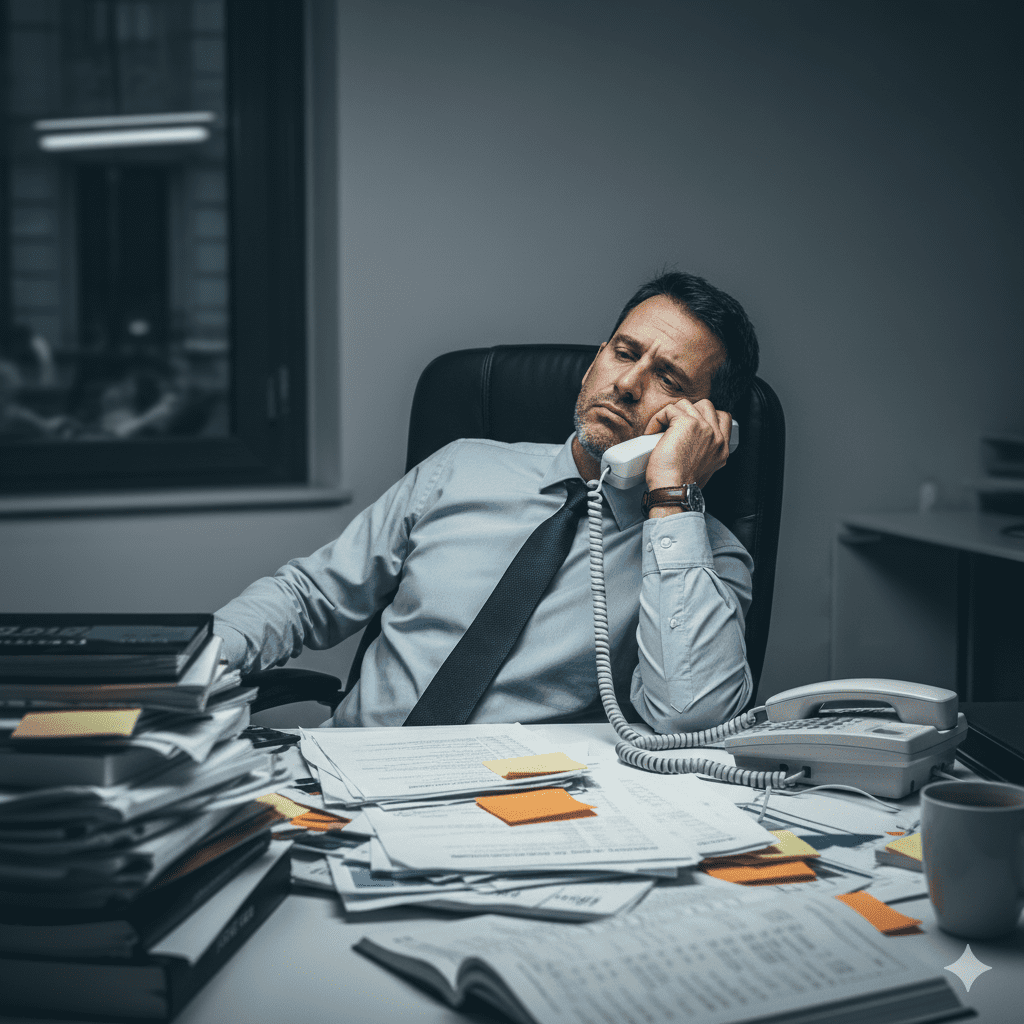 Coach consultor abrumado y con 'poca alma de vendedor', mostrando cansancio al teléfono en un escritorio lleno de papeles.